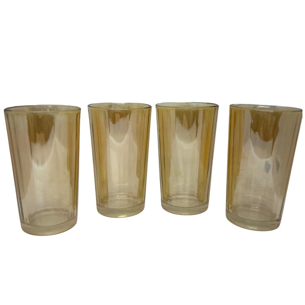 Vintage‎ Jeanette Marigold Glass Iridescent Tumblers 5" Set-4 Amber MCM Barware
